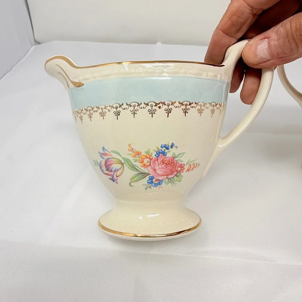 Homer Laughlin Eggshell Georgian Cream and Sugar Set Blue Gold Floral *no lid*